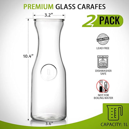 Set of 2 Glass Carafe with Lids, 1 Liter Water Pitcher Carafe for Mimosa Bar, Brunch, Cold Water, Beverage, Wine, Iced Tea, Lemonade - 2 Wooden Chalkboard Tags Included - Image 2