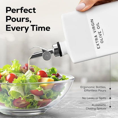 Luxury Glass Olive Oil Dispenser Bottle for Kitchen by Brighter Barns - Oil and Vinegar Bottles, Simple Syrup Dispenser for Coffee Bar Decor - Neutral Kitchen Decor for Cafe (White/Silver, Set of 2) - Image 4