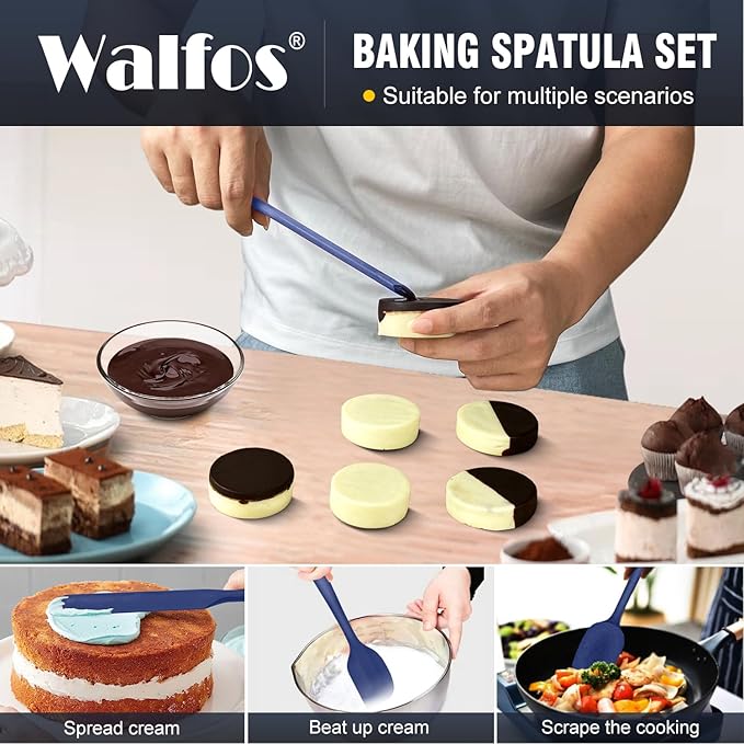 Walfos Silicone Spatula Set (5pcs) - 600℉ High Heat Resistant Kitchen Spoon Navy Blue Spatulas for Cooking Mixing & Baking, Strong Steel Core and One-Pieces Seamless Design, BPA Free Dishwasher Safe - Image 3