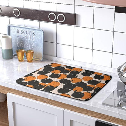 Happy Halloween Dish Drying Mat for Kitchen Counter 16x18 Inch Cute Pumpkin Black Cat Trick or Treat Drying Mats Large Microfiber Absorbent Dish Rack Pad for Coffee Bar Sinks Home Accessories - Image 5