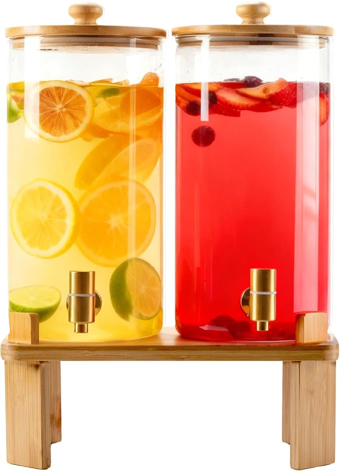 1.5 Gallon 2 Pack Glass Drink dispenser for parties,Beverage Dispenser With Wood Stand,Water Dispensers with spigot,lemonade dispenser,juice containers & water pitcher with lid by NBNSTHV