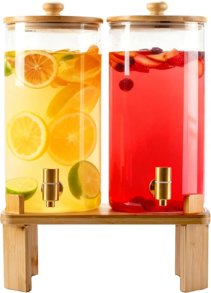 1.5 Gallon 2 Pack Glass Drink dispenser for parties,Beverage Dispenser With Wood Stand,Water Dispensers with spigot,lemonade dispenser,juice containers & water pitcher with lid by NBNSTHV
