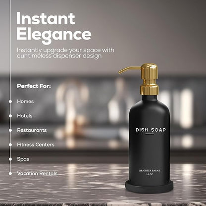 Luxury Glass Dish Soap Dispenser for Kitchen Sink by Brighter Barns - Refillable Glass Kitchen Soap Dispenser Set - Black and Gold Home Decor for Modern Airbnb, Rentals, Restaurants, Gift (Black/Gold) - Image 2