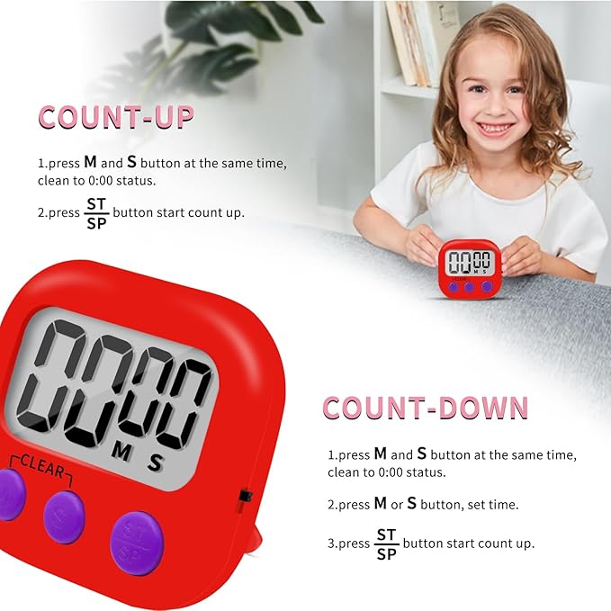 6 Pack Small Digital Kitchen Timer Magnetic Back and ON/Off Switch,Minute Second Count Up Countdown (Red) - Image 5