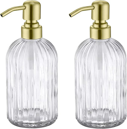 Gold Glass Soap Dispenser with Rust Proof Metal Pump, Vintage & Antique Design, 16oz Clear Glass Dish Soap Dispenser for Bathroom & Kitchen, 2 Packs