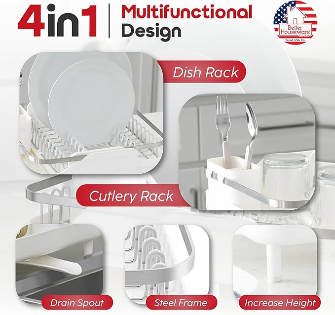 Better Houseware Expandable Dish Drying Rack - Space-Saving Stainless Steel Dish Racks for Kitchen Counter with drainboard and Detachable Cutlery Holder, Large, White - Image 3