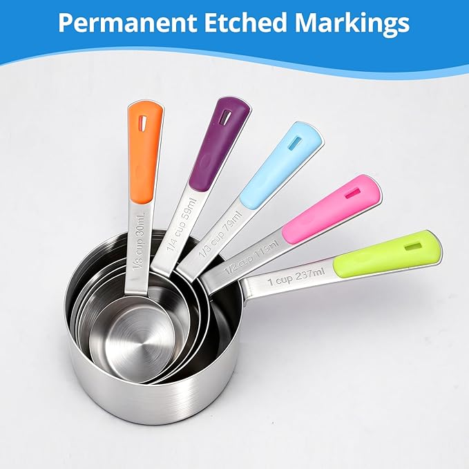 Bopei Measuring Cups and Spoons Set Stainless Steel 10 Piece for Cooking and Baking (5 Cups + 5 Spoons, Colorful Handles) - Image 3