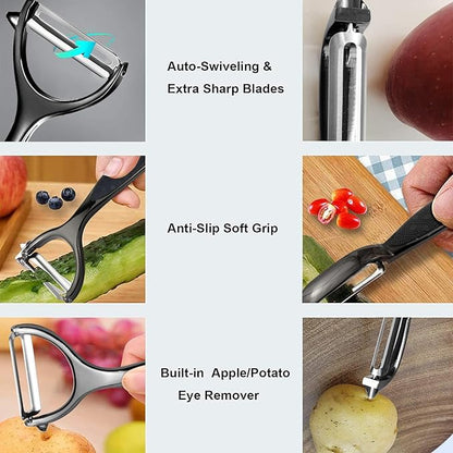 Vegetable Peeler, Potato Peelers for Kitchen Stainless Steel Multi-function Set Fruit Peeler For Kitchen and Household Tools Y & I Shape Swivel Blades for Fruit Vegetables(Black) - Image 3