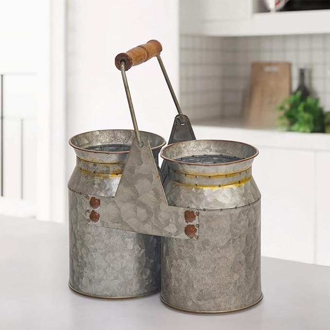 Set of 2 Rustic Galvanized Utensil Holders with Handles, Farmhouse Kitchen Crocks for Spoons, Forks & Knives, Countertop Organizer Buckets for Rustic Farmhouse Decor, 8"x4"x6.75"