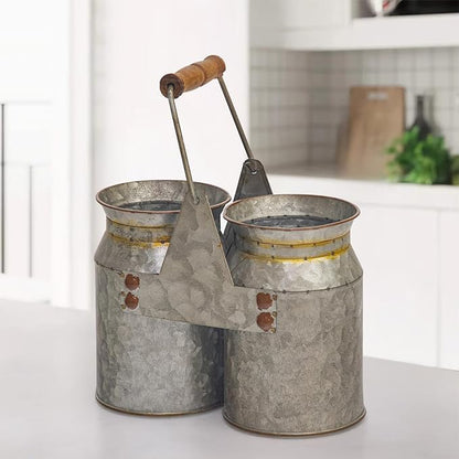 Set of 2 Rustic Galvanized Utensil Holders with Handles, Farmhouse Kitchen Crocks for Spoons, Forks & Knives, Countertop Organizer Buckets for Rustic Farmhouse Decor, 8"x4"x6.75"