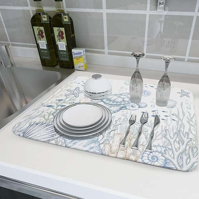 Giwawa Ocean Turtle Dish Drying Mat, Coastal Sea Tortoise Decorative Dish Drainer Mats, Summer Nautical Beach Themed Reversible Dish Drying Rack Pad Protector for Kitchen Countertop, 18"x24"