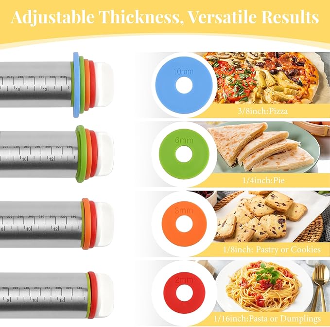 Adjustable Rolling Pin with 4 Thickness Rings for Baking, 17” Stainless Steel Dough Roller with Clear Measurement Markings for Pizza, Fondant, Pie, Cookies, Baking Supplies, Pastry, Pasta - Image 3