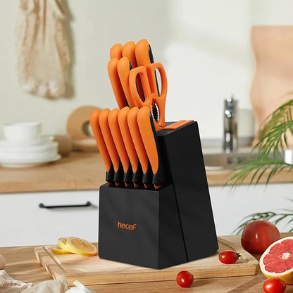 hecef 14 Pieces Kitchen Knife Set with Built-in Sharpening Wooden Block, Dishwasher Safe, High Carbon Stainless Steel Knife Block Set with Steak Knives, Kitchen Scissors (Orange)
