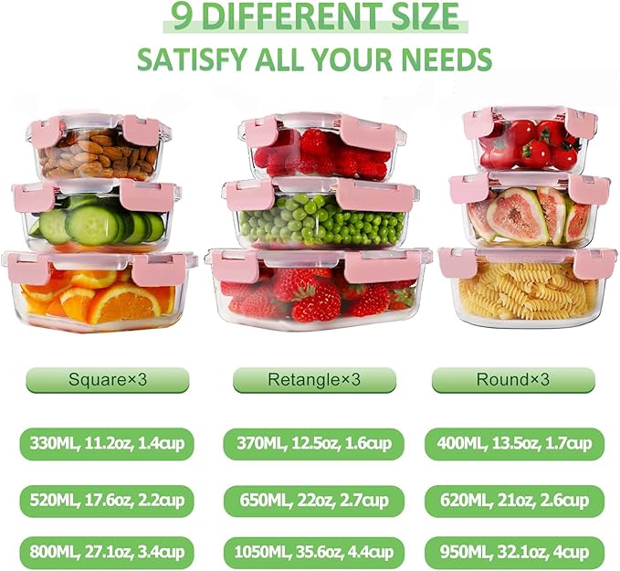 HOMBERKING Glass Food Storage Containers with Lids, [18 Piece] Glass Meal Prep Containers, Airtight Lunch Bento Boxes, BPA-Free & Leak Proof (9 lids & 9 Containers) - Pink - Image 2