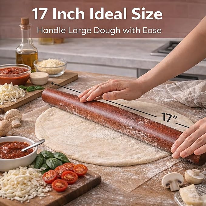 16.5 Inch French Rolling Pin, Wooden Dough Roller for Baking, Solid Wood Tapered Rolling Pin for Pizza, Pie Crust, Cookies, Pastry, Non-Stick, Easy Control Kitchen Baking Tool, African Rosewood