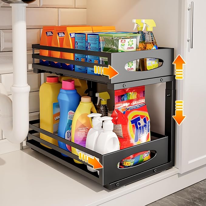 Under Sink Organizer, 2 Tier Under Sink Organizers and Storage, Adjustable Height, Slide out Metal Cabinet Organizers, Pull out Cabinet Storage Drawer Shelf for Kitchen Bathroom (Black, 1 Pack) by MIXESHOP