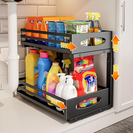 Under Sink Organizer, 2 Tier Under Sink Organizers and Storage, Adjustable Height, Slide out Metal Cabinet Organizers, Pull out Cabinet Storage Drawer Shelf for Kitchen Bathroom (Black, 1 Pack) by MIXESHOP