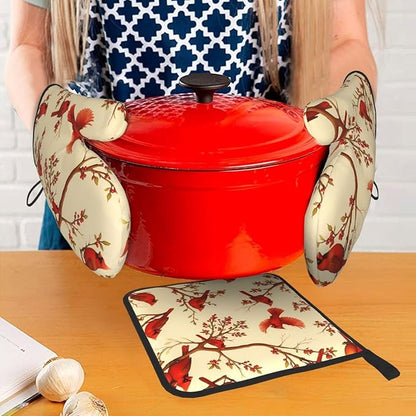 Red Cardinal Oven Mitts and Pot Holders Sets of 3, Non-Slip Christmas Heat Resistant Kitchen Gloves Hot Pad, Cardinal Gifts for Women, Rustic Christmas Kitchen Decor, Baking Cooking Grilling Gifts - Image 3