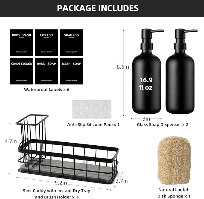 Dish Soap Dispenser for Kitchen, 16.9 fl oz Black Hand and Dish Soap Dispenser Set, Kitchen Soap Dispenser with Sponge Holder, Brush Holder and Loofah Sponge, Countertop Sink Organizer Accessories - Image 2