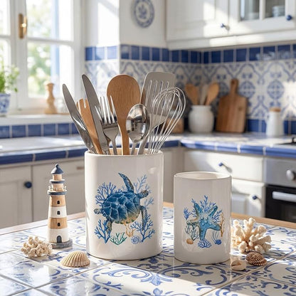 Bokon 2 Pack Ceramic Utensil Holder 6.3" + 5.1" Ocean Theme Coastal Kitchen Crocks for Countertop Storage, Sea Turtle & Starfish Design, Decorative Utensil Organizer for Beach House Decor
