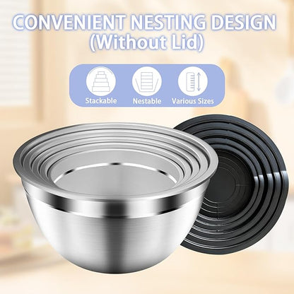 Mixing Bowls with Airtight Lids Set, 5 PCS Stainless Steel Black Nesting Bowls for Kitchen, Large Prep Metal Mixing Bowls for Kitchen, 5.5/4/3.5/2/1.5 QT for Mixing & Serving