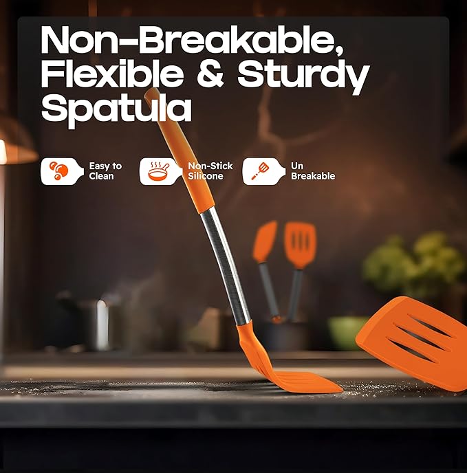 BakeRoyal Silicone Spatula Set - Turner Spatulas Silicone Heat Resistant 600°F - Slotted & Solid Silicone Spatulas for Cooking Fish, Eggs, Pancakes Flipper – Silicone Cooking Utensils Set – Orange - Image 6