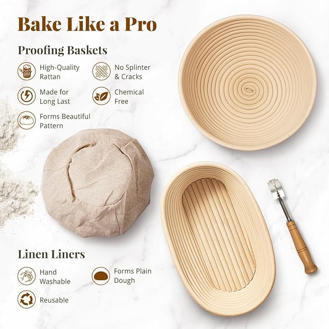 Sourdough Starter Kit, Banneton Bread Proofing Baskets Set, Sourdough Bread Baking Supplies Making Tools with Dough Scraper, Whisk, Bread Lame, Recipe - Image 2