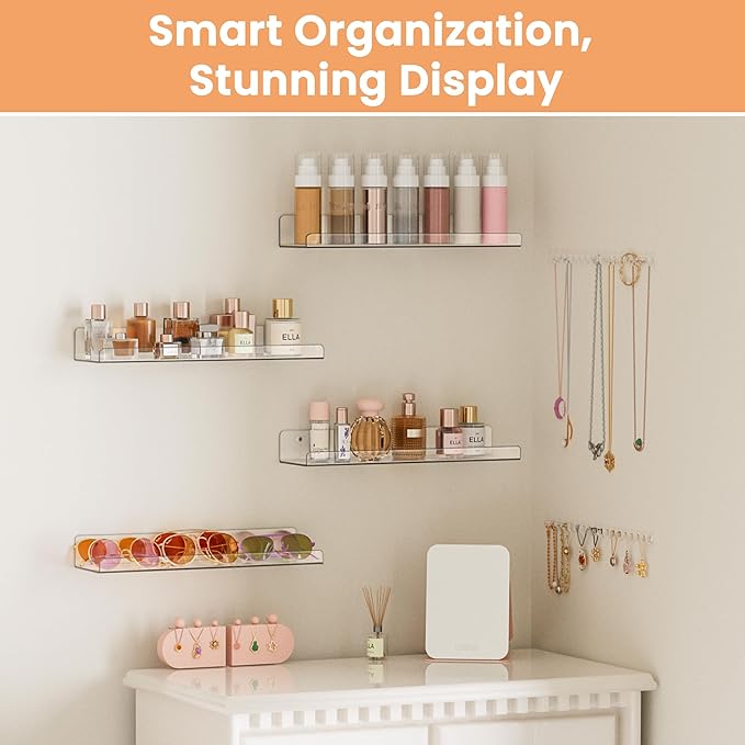 upsimples Acrylic Shelves for Bathroom Storage, 15" Floating Shelves Wall Organizer for Perfume, Make up, Skincare, Kids Bookshelf for Bedroom, Nursery, Living Room Decor, Clear, 4 Pack - Image 4