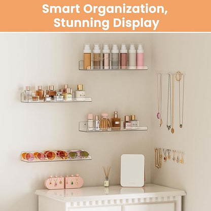 upsimples Acrylic Shelves for Bathroom Storage, 15" Floating Shelves Wall Organizer for Perfume, Make up, Skincare, Kids Bookshelf for Bedroom, Nursery, Living Room Decor, Clear, 4 Pack - Image 4