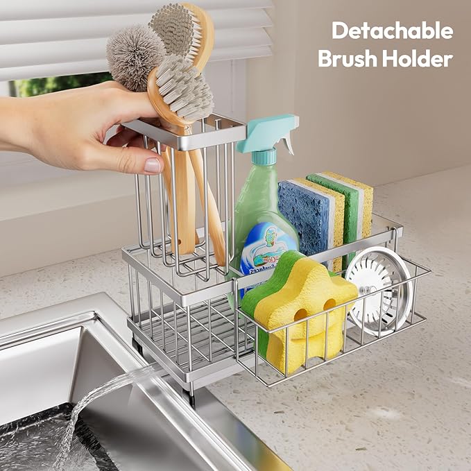 SWTYMIKI Sink Caddy Sponge Holder - Large Sponge Holder for Kitchen Sink with 360°Auto-Drain Tray, Rustproof Stainless Steel Kitchen Organizer Caddy for Countertop Organization - Image 7