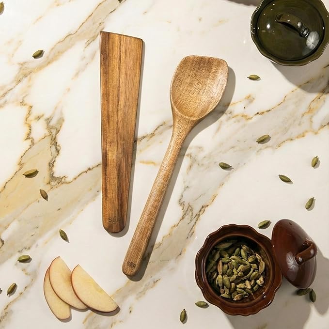 SLATE & ROYCE Wooden Spoon and Spatula Set, 2-Piece Non-Toxic Acacia Wood Cooking Utensils — Long Wooden Spoon for Cooking & Wood Spatula Scraper, Non-Stick, Cast Iron & Stainless Steel