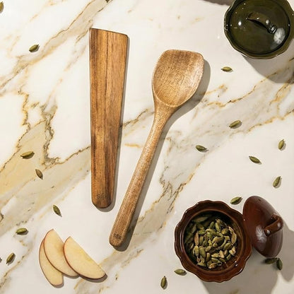 SLATE & ROYCE Wooden Spoon and Spatula Set, 2-Piece Non-Toxic Acacia Wood Cooking Utensils — Long Wooden Spoon for Cooking & Wood Spatula Scraper, Non-Stick, Cast Iron & Stainless Steel