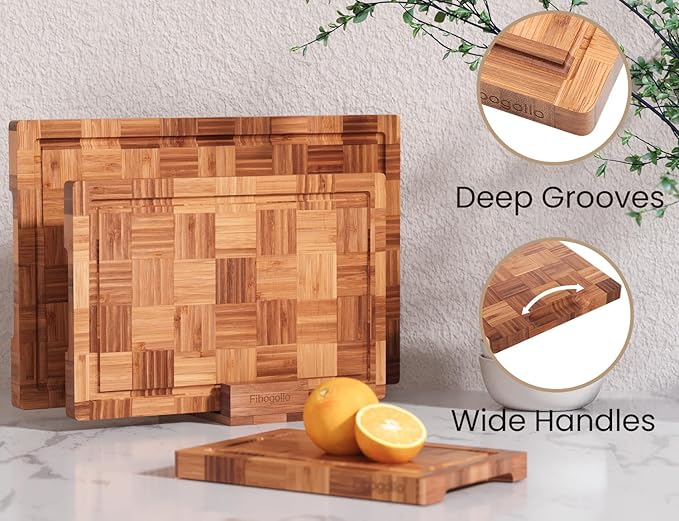 Fibogollo Bamboo Cutting Boards for Kitchen,Chopping Boards Set with Juice Groove,End Grain Bamboo Butcher Block,Serving Board with Holder(3 Pcs) - Image 3