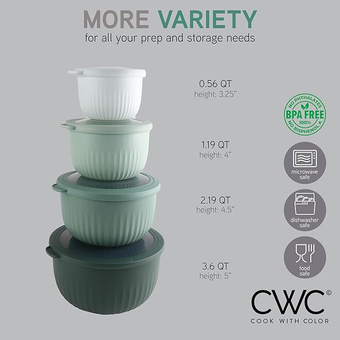 COOK WITH COLOR Prep Bowls with Lids- Wide and Deep Nesting Plastic Small Mixing Bowl Set with Lids, 8 Piece Set - Deep Bowls, Sage - Image 2