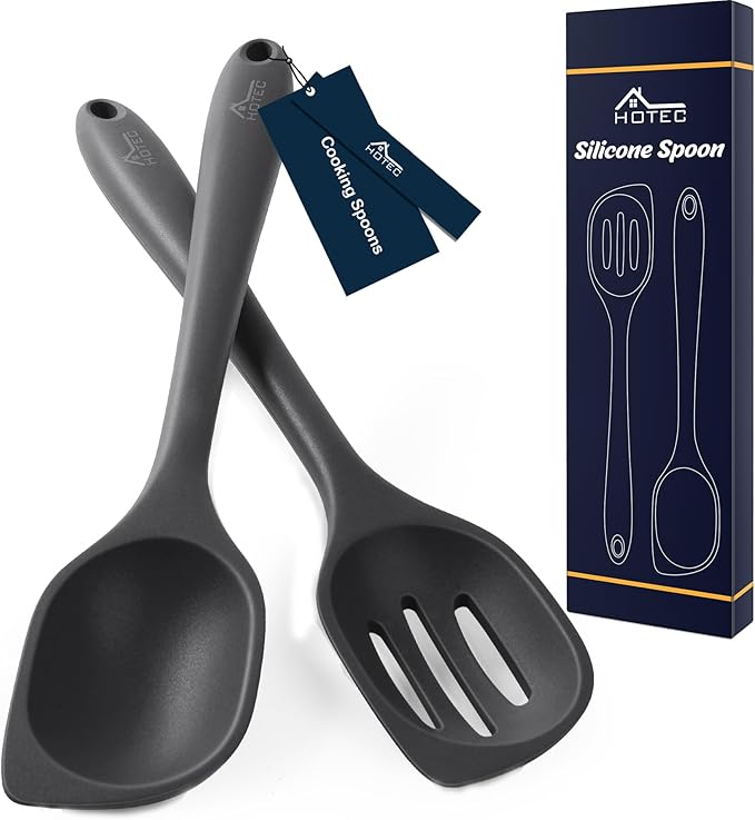 HOTEC Heat Resistant Silicone Cooking Spoon Spatula, Large Kitchen Solid and Slotted Spoons for Mixing, Serving, Scraping, Non-stick, Dishwasher Safe Black 12.5inch by Hotec