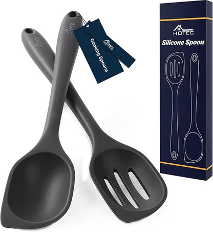 HOTEC Heat Resistant Silicone Cooking Spoon Spatula, Large Kitchen Solid and Slotted Spoons for Mixing, Serving, Scraping, Non-stick, Dishwasher Safe Black 12.5inch by Hotec