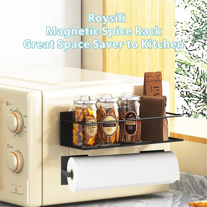 Magnetic Spice Rack For Refrigerator, Space Saving Magnetic Shelf For Fridge Black 2 Pack With Magnetic Paper Towel Holder - Image 5