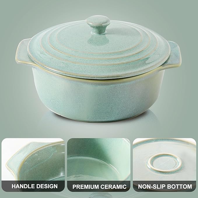 HVH Ceramic Casserole Dish with Lid Oven Safe, 2 Quart Round Casseroles Dish Set, 9 Inches Round Baking Dish with Lid Oven Safe, Deep Casserole Dishes for Oven with Lids for Dinner Party (Turquoise) - Image 6