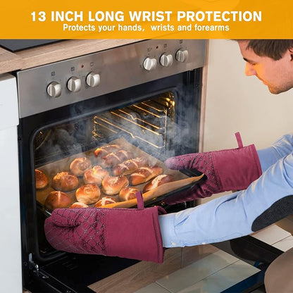 6 Pcs Oven Mitts and Pot Holders, 500℉ Heat Resistant Oven Mitts with Kitchen Towels Soft Cotton Lining and Non-Slip Silicone Surface Safe for Baking, Cooking, BBQ (Red) - Image 4