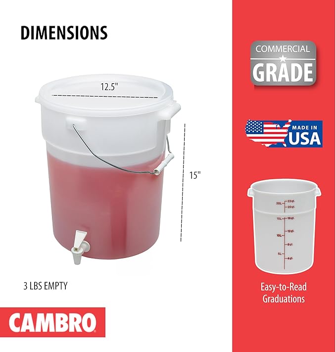 Cambro DSPR6148 SIX-GALLON (22,7 L) BEVERAGE DISPENSER, White, 22 Quart Case of 1 - Image 3