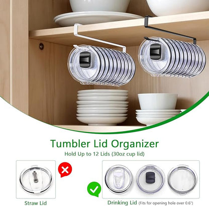 4 Pack Tumbler Lid Organizer, Cup Lid Holder Holds 12 Lids Each Under Cabinet, Space Saving Hook for Kitchen Storage and Coffee Cups, No Drilling, Carbon Steel, White