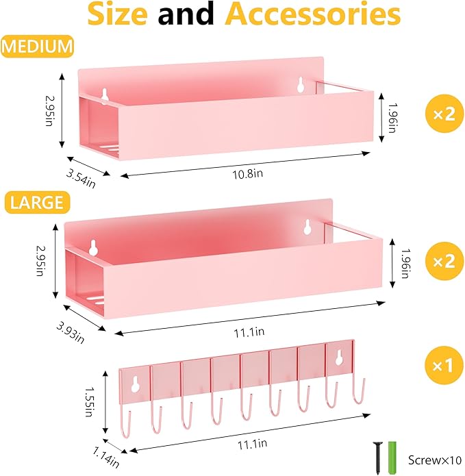 SMRCAD Magnetic Spice Rack Organizer for Fridge Seasoning Organizer for Kitchen storage with Screw Magnetic Shelf with Hook for Refrigerator and Oven (4pack1hook-Pink) - Image 2