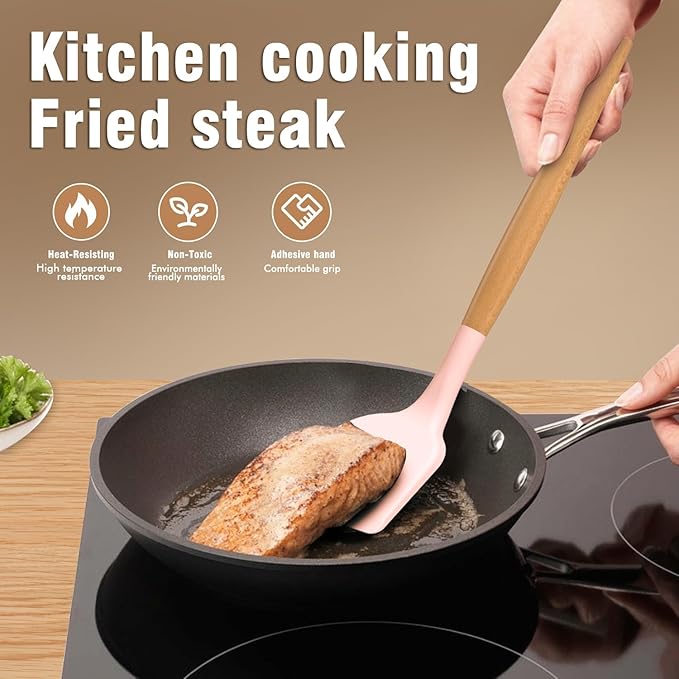 Silicone Cooking Utensils Set - AVGPD Silicone Kitchen Utensils for Cooking Wooden Handles, 446°F Heat Resistant Kitchen Utensil Spatula Sets, Gadgets for Non-Stick Cookware BPA FREE (Multicolour) - Image 5