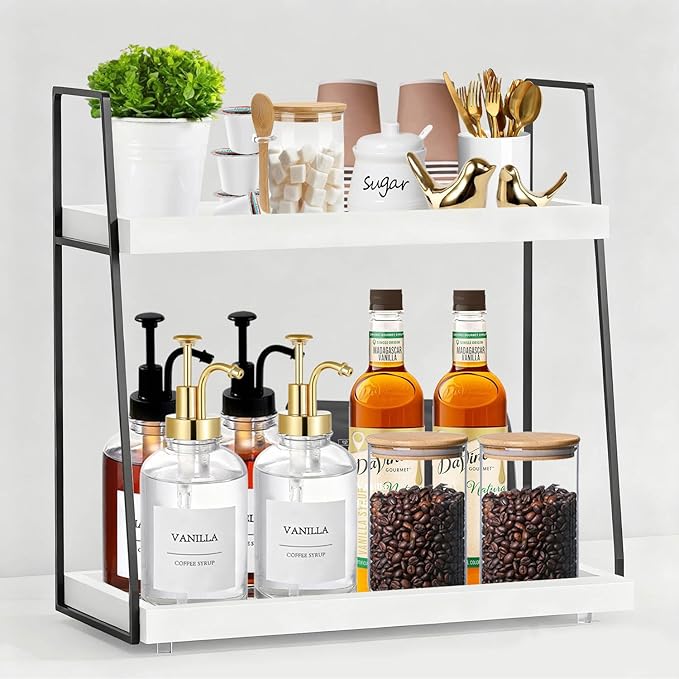 Countertop Coffee Station Organizer, 2 Tier Large Coffee Bar Organizer for Accessories Storage, Stable Metal Wooden Shelf Syrups Holder Condiments Rack by Unknown