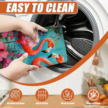 Tropical Flower Flamingo Dish Drying Mat for Kitchen Counter Microfiber Absorbent Dish Kitchen Drying Mat Draining Reusable Washable for Dishes/Utensils/Counterto