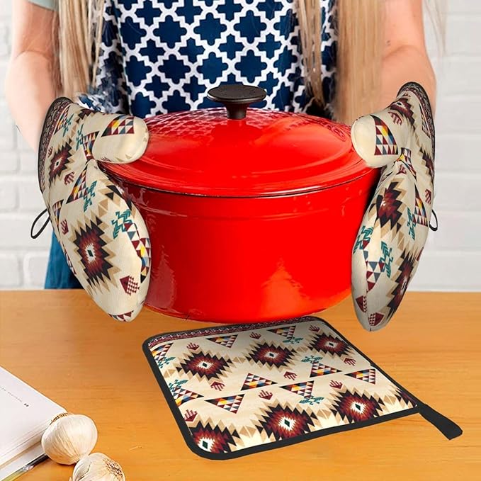 Southwestern Aztec Oven Mitts and Pot Holders Set of 3, Heat Resistant Non-Slip Navajo Pattern Oven Gloves with Hot Pad, Native American Boho Kitchen Decor Gloves for Chef Cooking Baking Grilling BBQ - Image 3