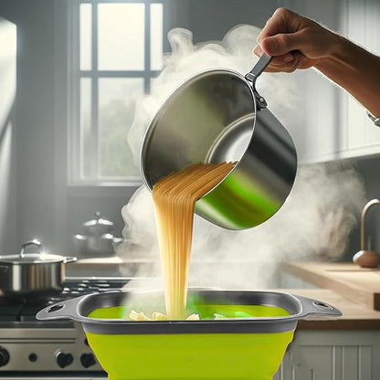 Square Collapsible Colander with Handles – Green Square Silicone Kitchen Strainers with Plastic Handles Foldable Kitchen Strainer Perfect for Draining Pasta Vegetable and Fruit Green