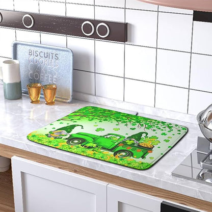 St Patricks Day Shamrock Drying Mat for Kitchen Counter Green Gnome Truck Dishes Drying Mat St. Patricks Day Spring Washable Dish Drying Pad Absorbent Microfiber Dishes Drainer Mats 16x18 Inch - Image 5