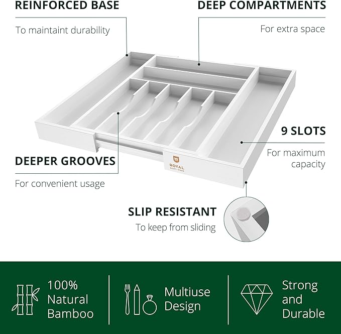 ROYAL CRAFT WOOD Luxury Bamboo Kitchen Drawer Organizer - Silverware Organizer - Utensil Holder and Cutlery Tray with Grooved Drawer Dividers for Flatware and Kitchen Utensils (9 Slot, White) - Image 3