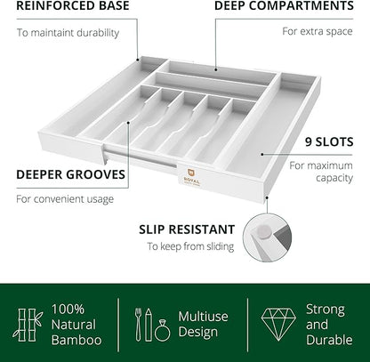 ROYAL CRAFT WOOD Luxury Bamboo Kitchen Drawer Organizer - Silverware Organizer - Utensil Holder and Cutlery Tray with Grooved Drawer Dividers for Flatware and Kitchen Utensils (9 Slot, White) - Image 3